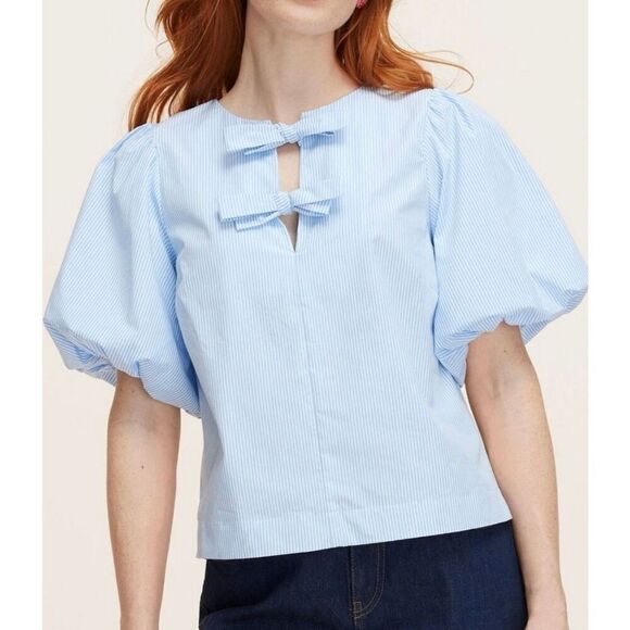 kate spade Tops - Kate Spade Striped Puff Sleeve Top Small White Blue Bow Tie